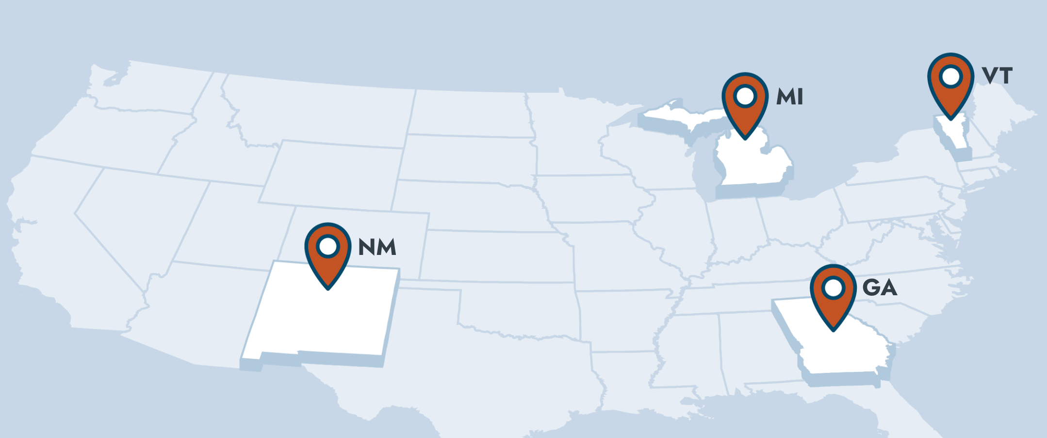 Map of the United States with Georgia, Michican, New Mexico, and Vermont highlighted.